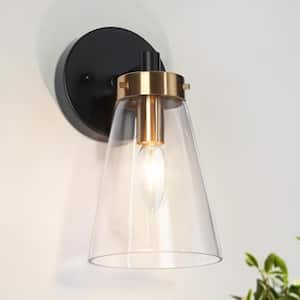 Modern 1-Light Black and Brass Wall Sconce with Bell Clear Glass Shade Wall Light for Foyer Hallway, LED Compatible