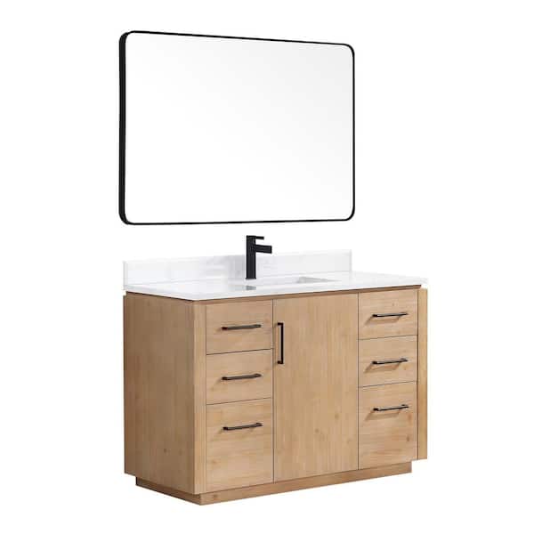 San 48 in.W x 22 in.D x 33.8 in.H Single Sink Bath Vanity in Fir Wood Brown with White Composite Stone Top and Mirror