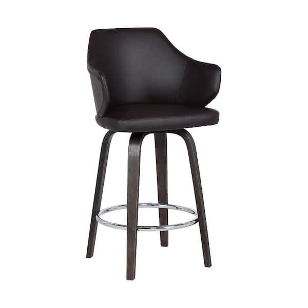 Armen Living Camden Mid-Century 26" Counter Height Bar Stool in Walnut Glazed Finish and Brown Faux Leather