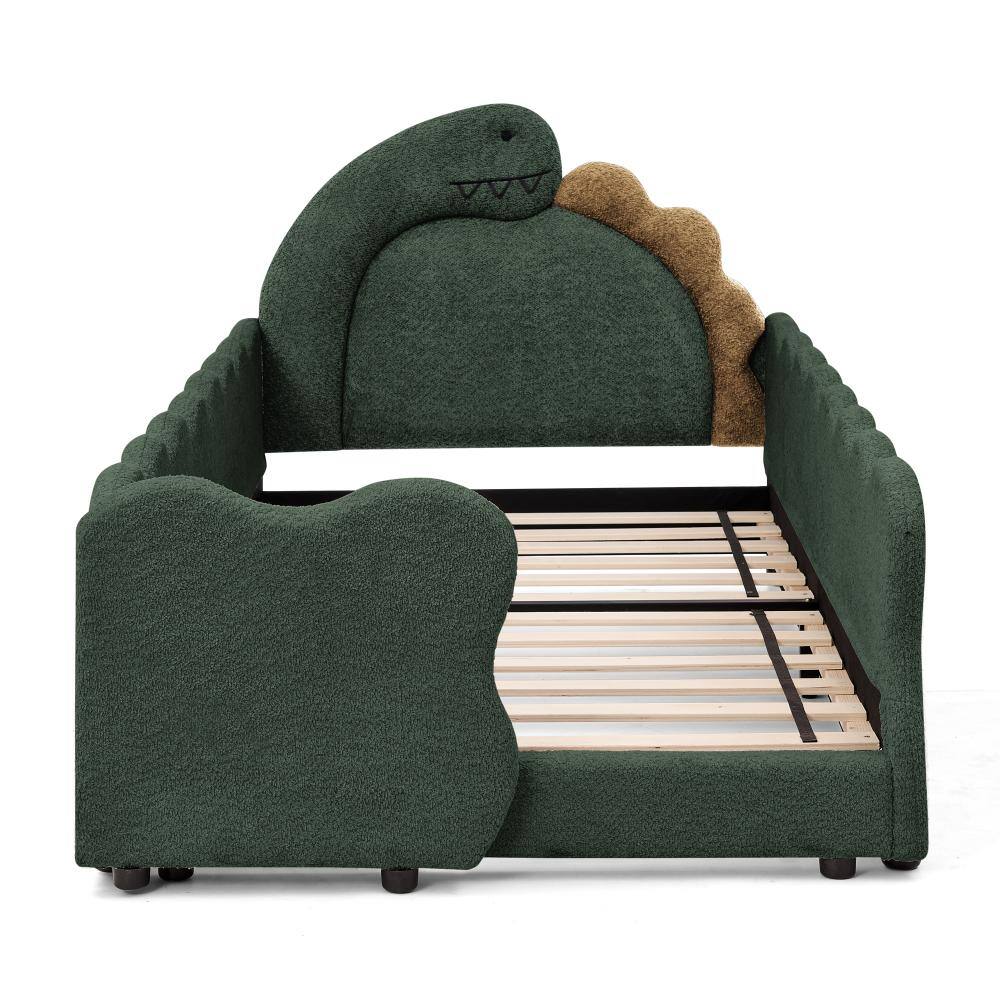 AP-Joy Cute Dinosaur-Shaped Kids Bed with Safety Guardrail, Boucle Wooden Toddler Bed, Twin Size, Green