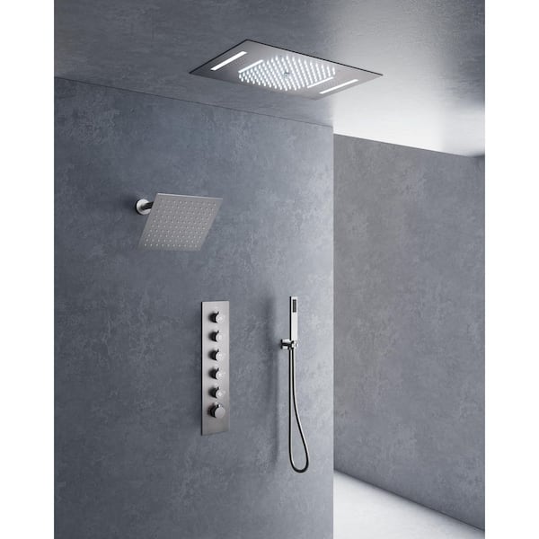 Thermostatic 5-Spray 23x15 in. Ceiling Mount LED Bluetooth Music Dual Fixed and Handheld Shower Head in Brushed Nickel