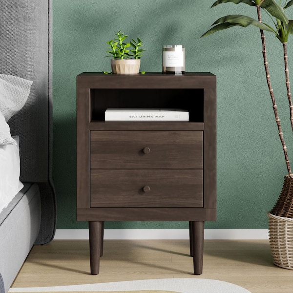 Seafuloy Walnut 2-Drawer Mid-Century Nightstand with Shelf (Faux Wood), for Bedroom Storage, End Table for Living Room