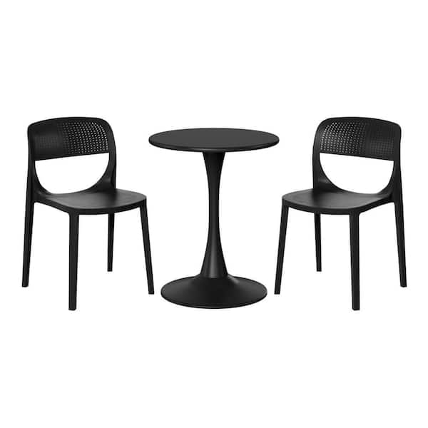 Frond and Form Outdoor Patio Modern 3-Piece Round HDPE Plastic Bistro Dining Set with Stackable Chairs, Black