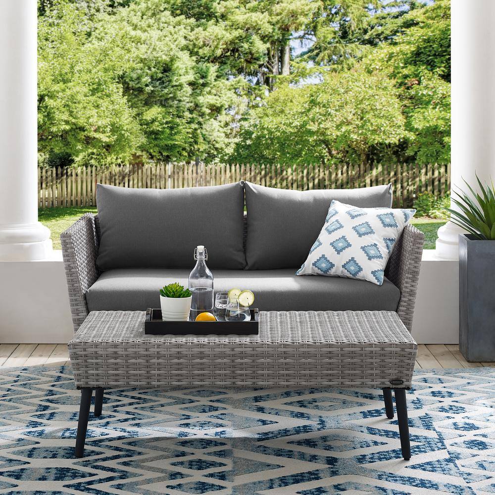 Gray Wicker 2-Piece Outdoor Loveseat and Coffee Table Set