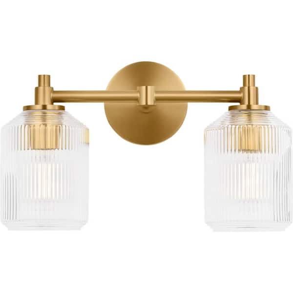 Barstow 15 in. W x 9 in. H 2-Light Burnished Brass Traditional Bathroom Vanity Light with Clear Ribbed Glass Shades