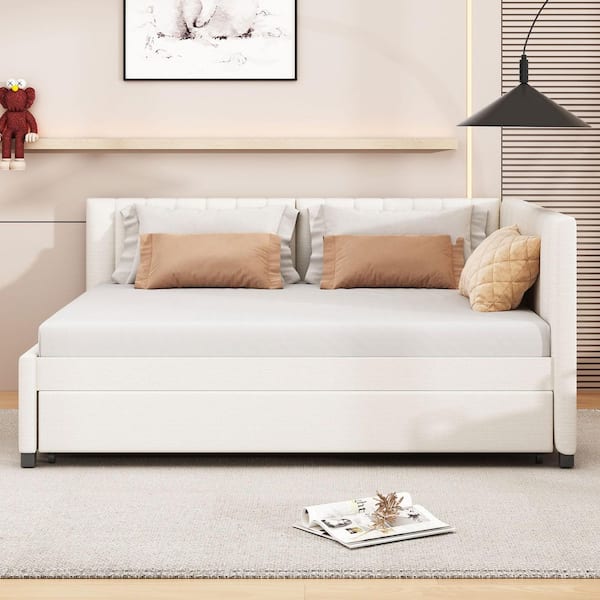 Alvara Modern Beige Linen Tufted Upholstered Wood Frame Full Size Daybed with Trundle