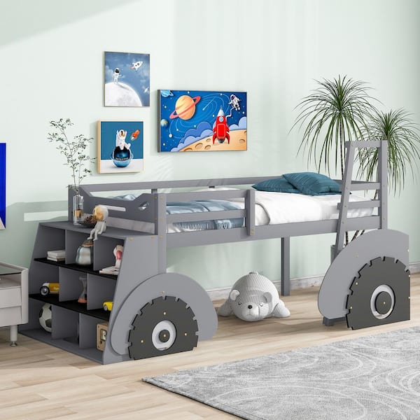 Harper & Bright Designs Gray Twin Size Wooden Forklift Car-Shaped Loft Bed with Storage Shelves