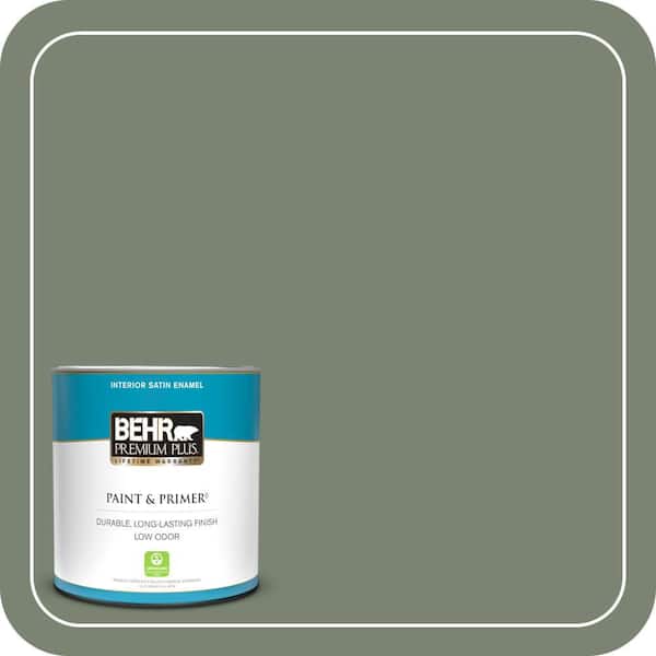 BEHR PREMIUM PLUS 1 qt. #ICC-77 Sage Green Satin Enamel Low Odor Interior Paint & Primer