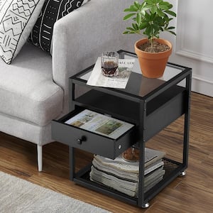 Tempered Glass Side Table, Nightstand, with Drawer and Shelf, Decoration in Living Room, 21.7" X 15.7" X 15.7"，Black
