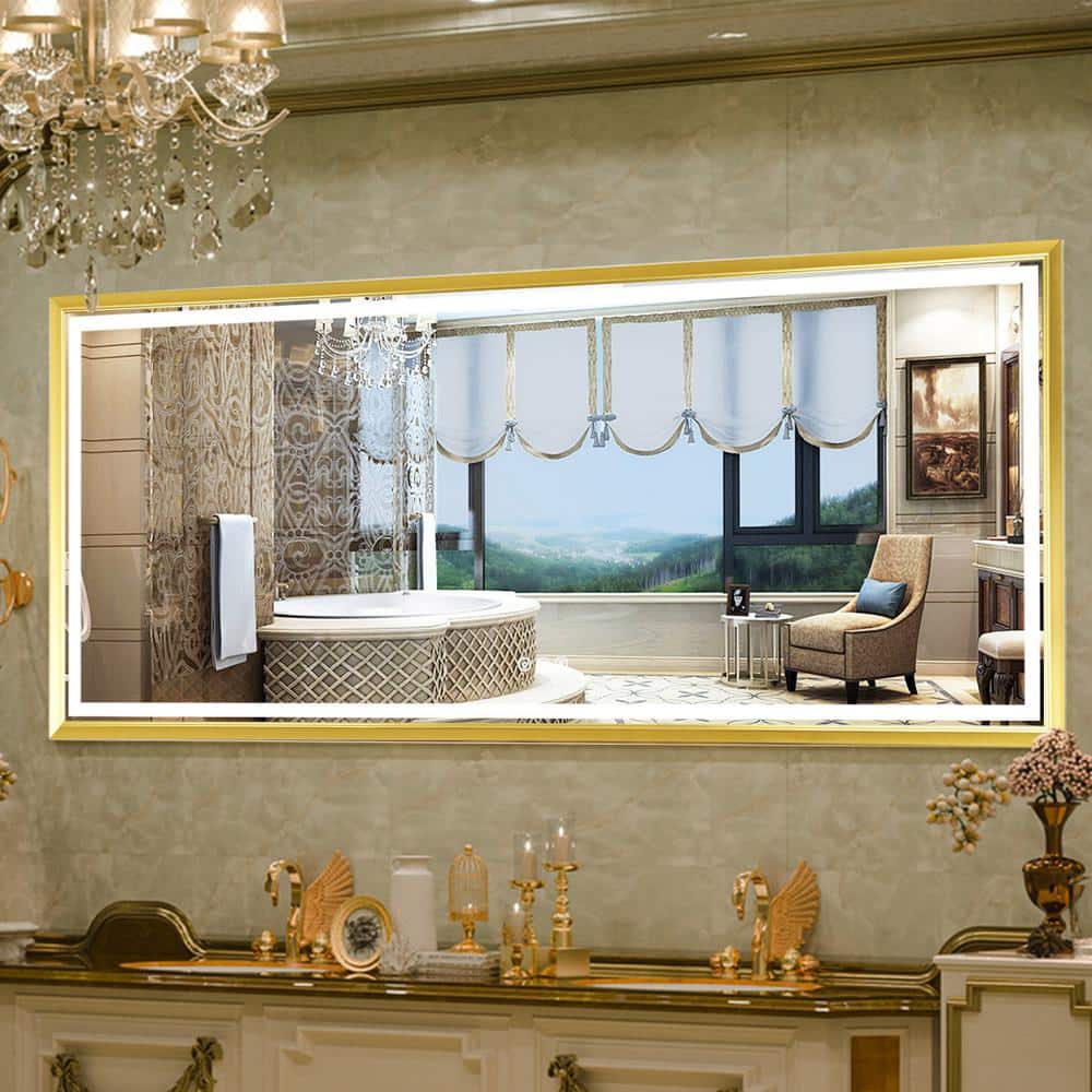 84 in. W x 36 in. H Large Rectangular Metal Framed Dimmable AntiFog Wall  Mount LED Light Bathroom Vanity Mirror in Gold