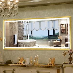84 in. W x 34 in. H Large Rectangular Metal Framed Dimmable AntiFog Wall Mount LED Bathroom Vanity Mirror in Gold