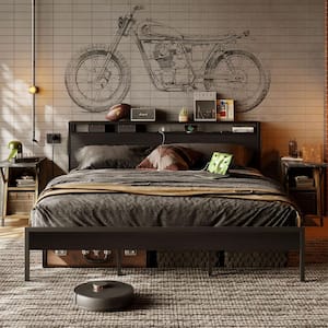 Black Metal Frame King Size Platform Bed with Charge Station and Storage Headboard and LED Lights