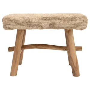 Brown Upholstered Stool with Wood Legs