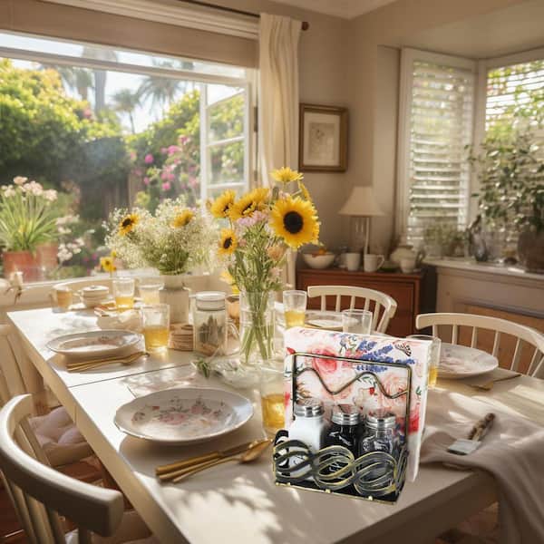 Metal Napkin Holder with Salt and Pepper Shakers Caddy Bronze Finish Modern Table Kitchen Countertop Organizer