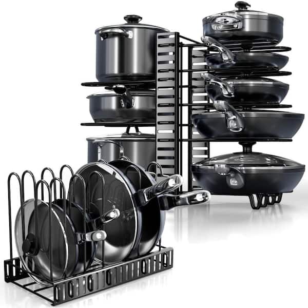 8-Tier Adjustable Pots and Pans Organizer Rack for Kitchen Cabinet Storage Standing Pot Rack, Black