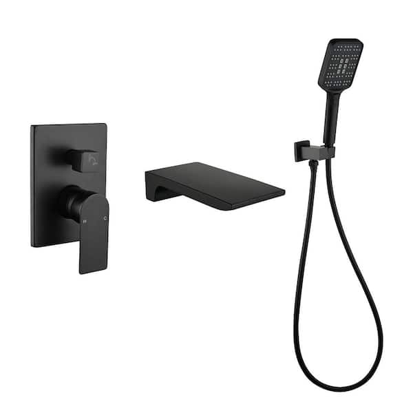 Single Handle Wall Mount Roman Tub Faucet with Hand Shower, Waterfall Wide Tub Spout in Matte Black