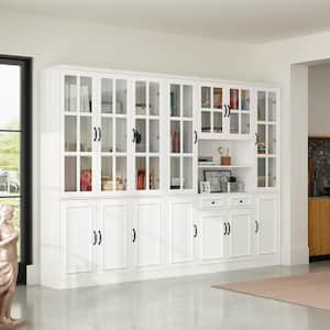 White Wood MDF 110.2 in. Wide Luxurious Sideboard and Wine Rack with 25-Shelves and Tempered Glass Doors and 2-Drawers