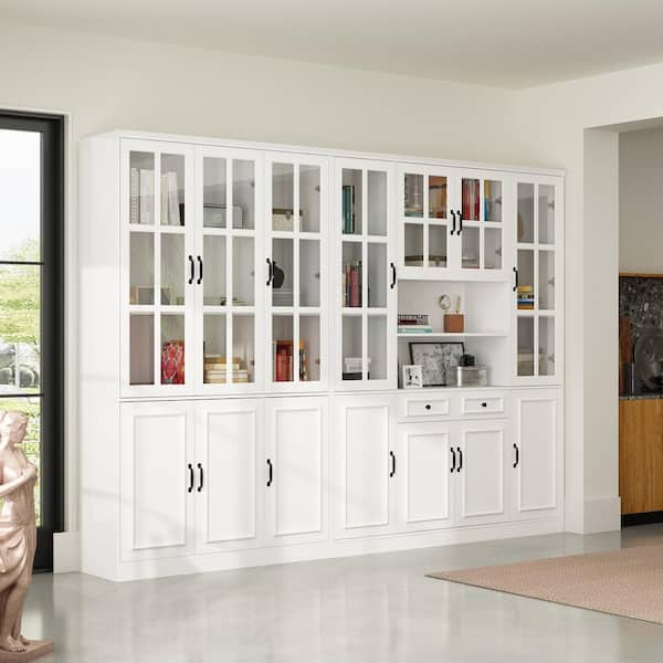 FUFU&GAGA White Wood MDF 110.2 in. Wide Luxurious Sideboard and Wine Rack with 25-Shelves and Tempered Glass Doors and 2-Drawers