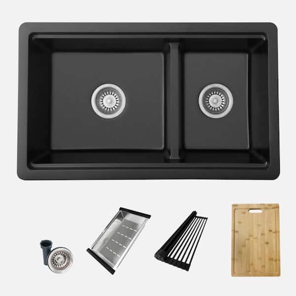 Composite Granite 30-inch Double Bowl Dual Mount Workstation Kitchen Sink in Black with Accessories
