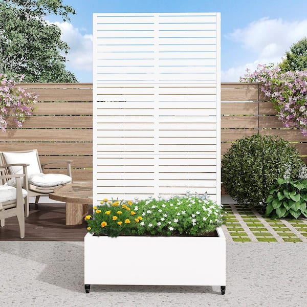 72 in. H x 35 in. W Rectanglar White Outdoor Metal Privacy Screen Planter Box Wall Decor