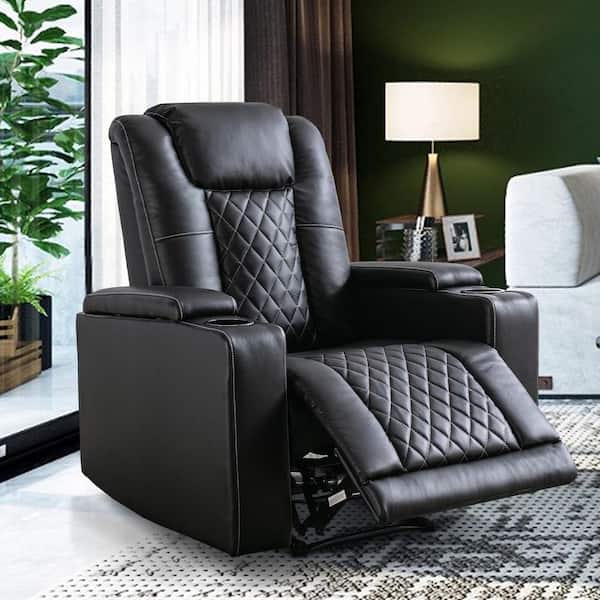 Black PU Leather Power Recliner Home Theater Recliner with Cup Holder and USB Port