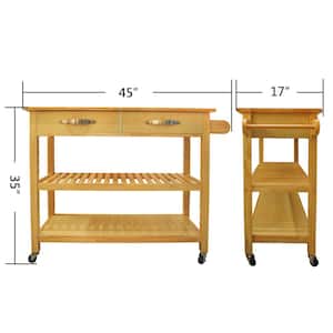 Natural Open Shelf Kitchen Cart with Butcher Block Top and 2 Drawers