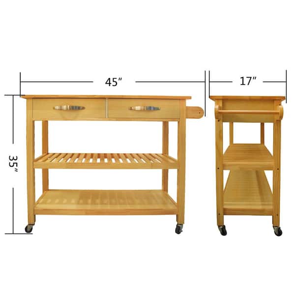 Tatahance Natural Open Shelf Kitchen Cart with Butcher Block Top and 2 Drawers