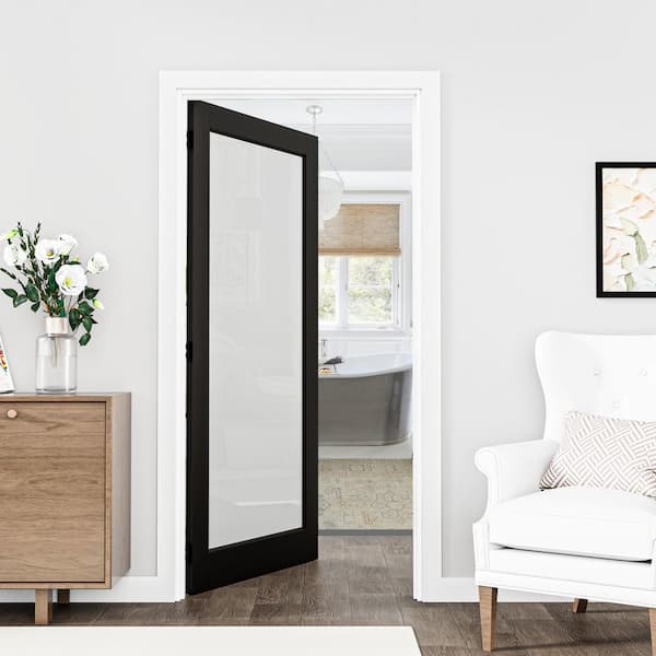 36 in. x80in. 1-Lite Frosted Glass Left-Hand Black Solid Core Wood Single Prehung Interior Door Plus Quick Assemble Jamb