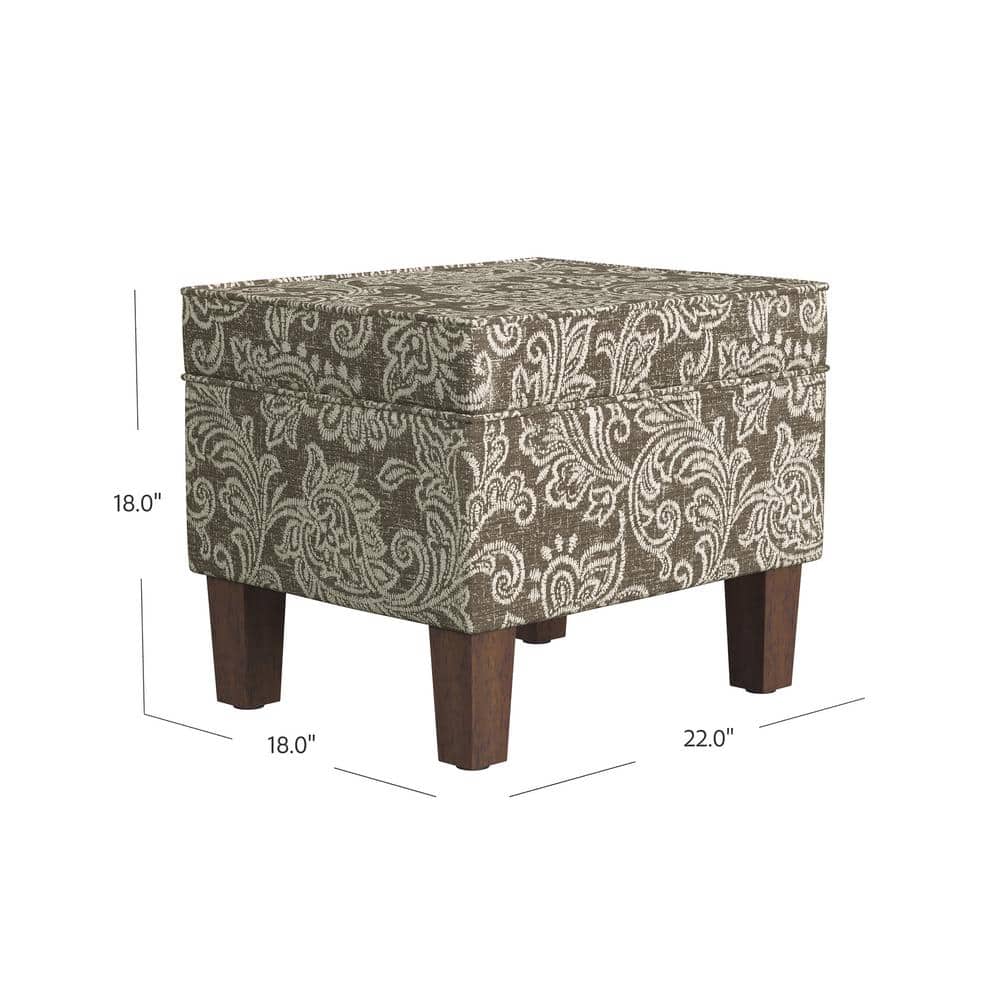 Brown Jacobean Print Upholstered Storage Ottoman with Hinged Lid