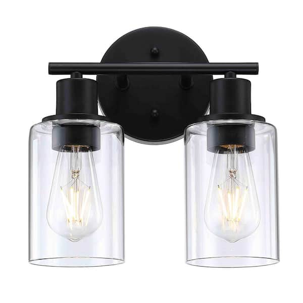 10.44 in. 2 Light Matte Black Indoor Bathroom Vanity Light With Clear Glass Shade