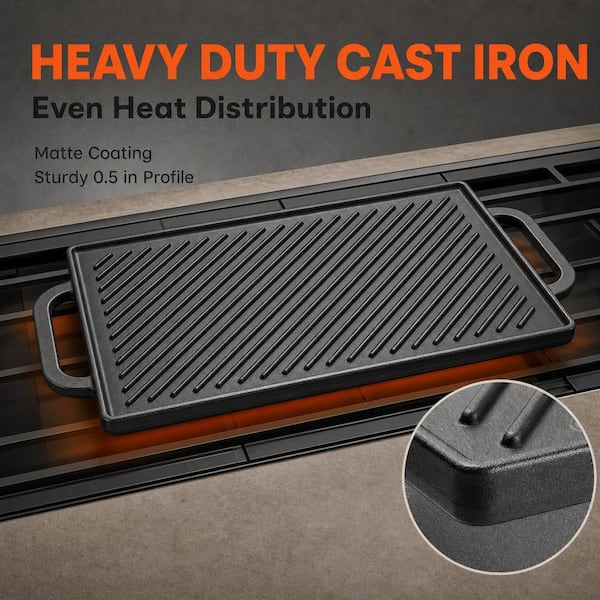 Wudkey Cast Iron Reversible Grill Griddle, Rectangular Double
