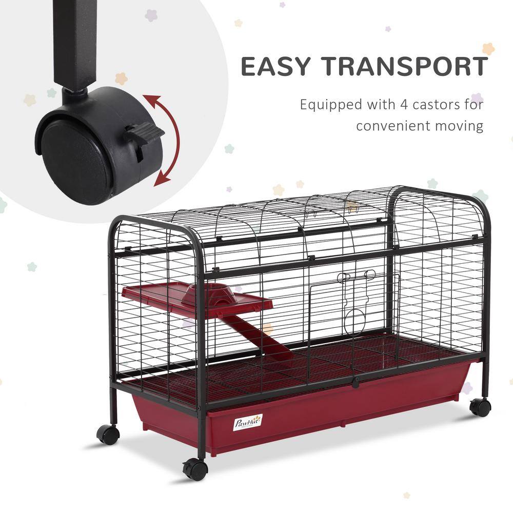 PawHut Red and Black Small Animal Cage with Ramp and Feeder