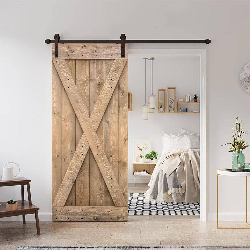 84" Light Brown Knotty Pine Wood Sliding Barn Door Kit