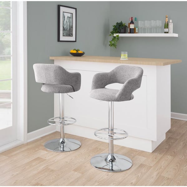 Lumisource Margarite 32.25 in. Grey Fabric and Chrome Metal Adjustable Bar Stool with Wheel Footrest (Set of 2)