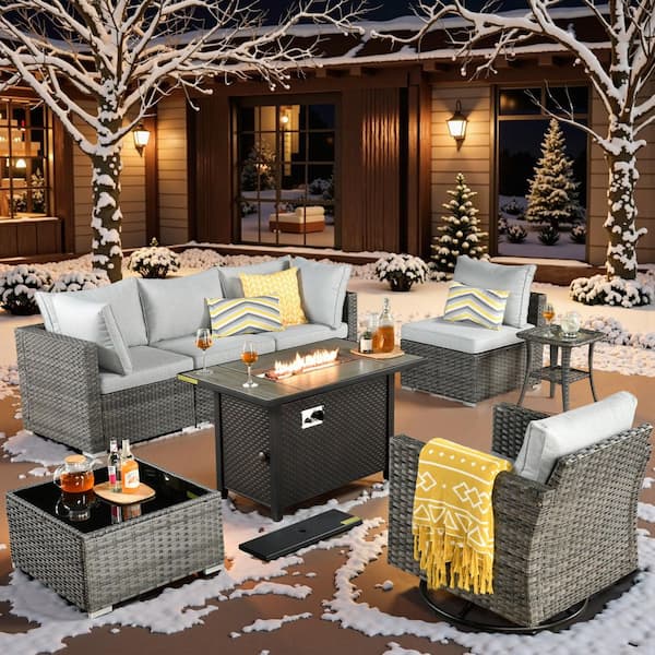 Toject Sanibel Gray 8-Piece Wicker Outdoor Patio Conversation Sofa Sectional Set with a Metal Fire Pit and Light Gray Cushions