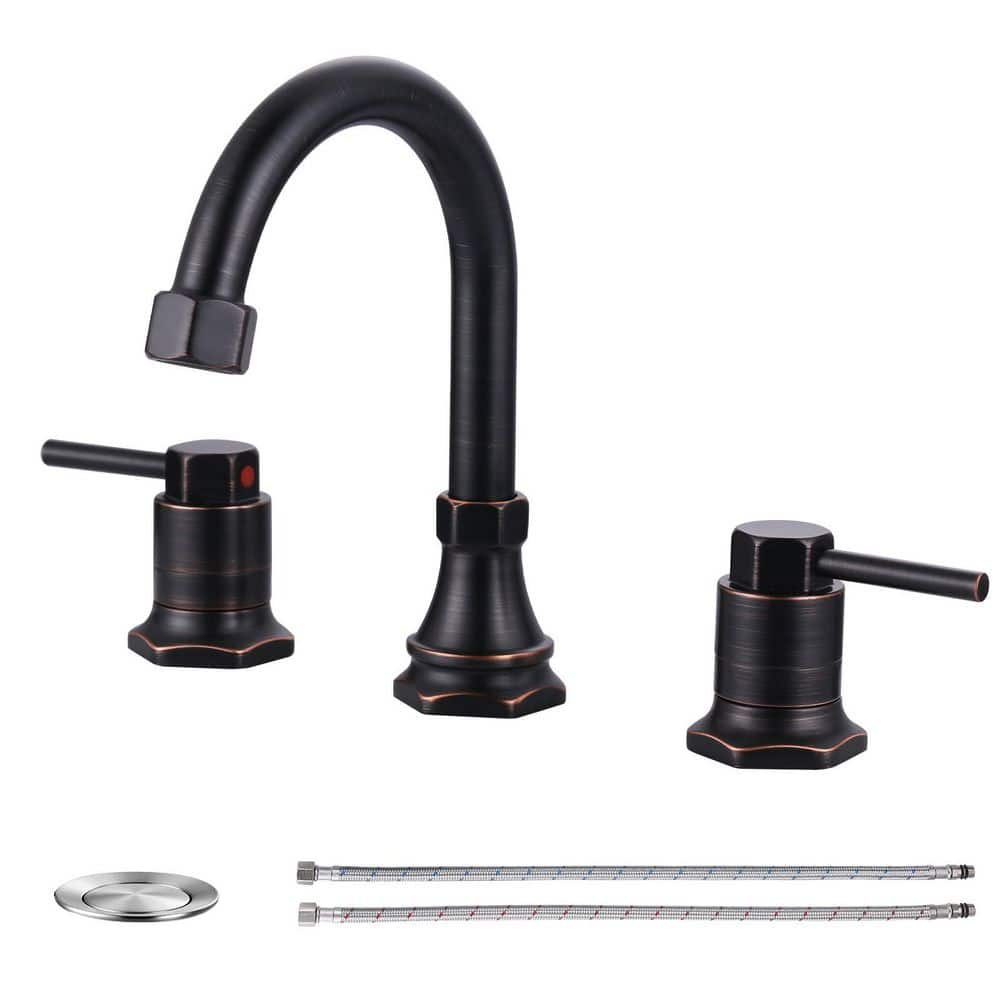 8 in. Widespread 3 Holes Double Handle Bathroom Faucet with Pop Up Drain Kit and Supply Lines in Oil Rubbed Bronze price history on PriceWatchPro