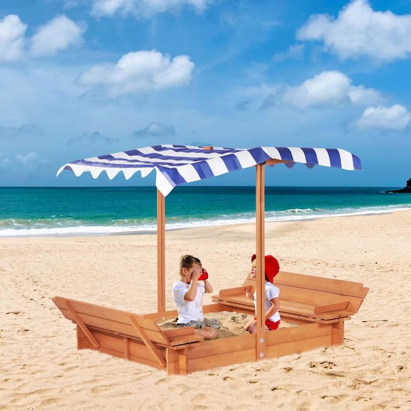 3.87 ft. W x 3.87 ft. L Wood Square Sandbox with 2 Benches and Adjustable Canopy, Large Sandpit Toddler Sand Boxes
