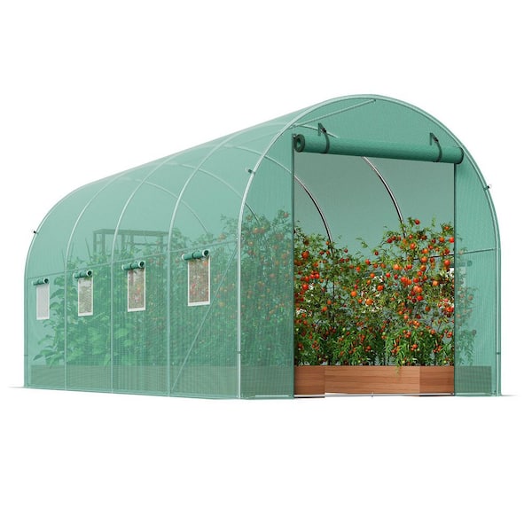 Walk-in Tunnel Greenhouse, 14.6 x 6.4 x 6.3 ft. Hoop House with Galvanized Steel Frame, Green Greenhouse