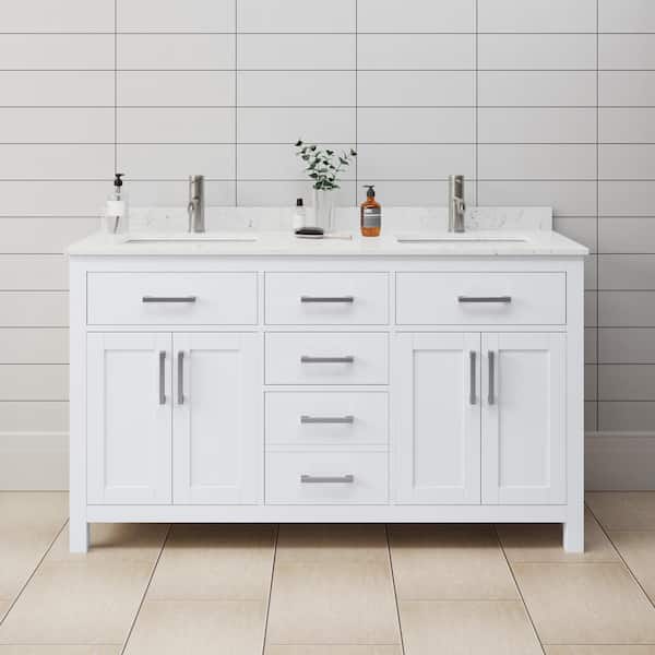 Beckett 60 in. W x 22 in. D Double Bath Vanity in White with Cultured Marble Vanity Top in Carrara with White Basins