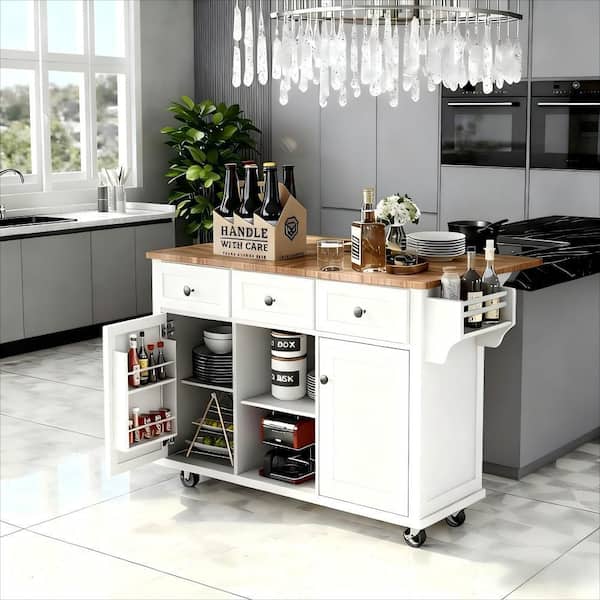 PDTEND Modern Minimalist White Rubber Wood Drop-Leaf Countertop 53.1 in. W Kitchen Island with Internal Storage Racks