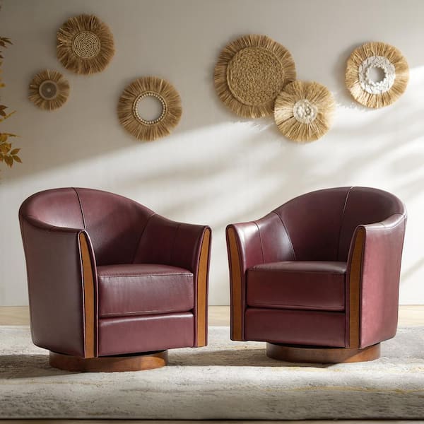 JAYDEN CREATION Cristina Burgundy 29 in. W Transitional Genuine Leather Swivel Barrel Arm Chair with Solid Wood Base (Set of 2)