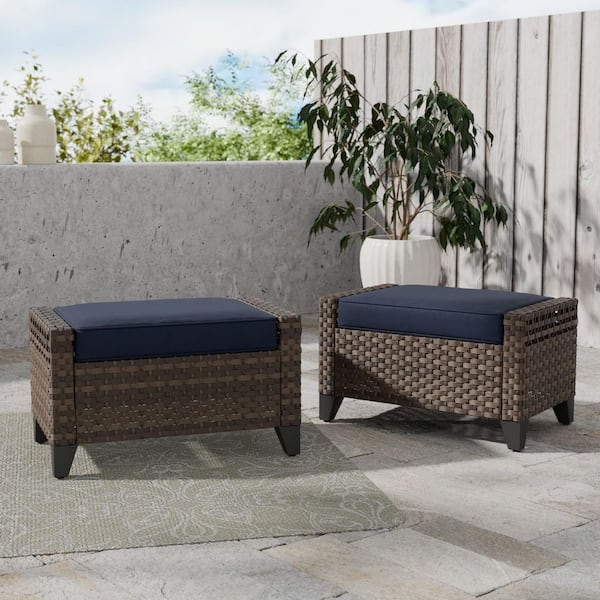 2-Piece Brown Wicker Outdoor Ottoman Patio Rattan Footstool with Removable Blue Cushions