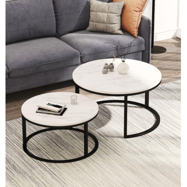 ComHoma Modern 32 in. Nesting Coffee Table Black Color Frame Marble Top