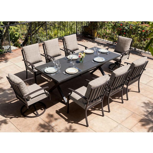 9-Piece Metal Outdoor Dining Set with 6 Dining Chairs, 2 Swivel Rocking Chairs and Cushion Khaki