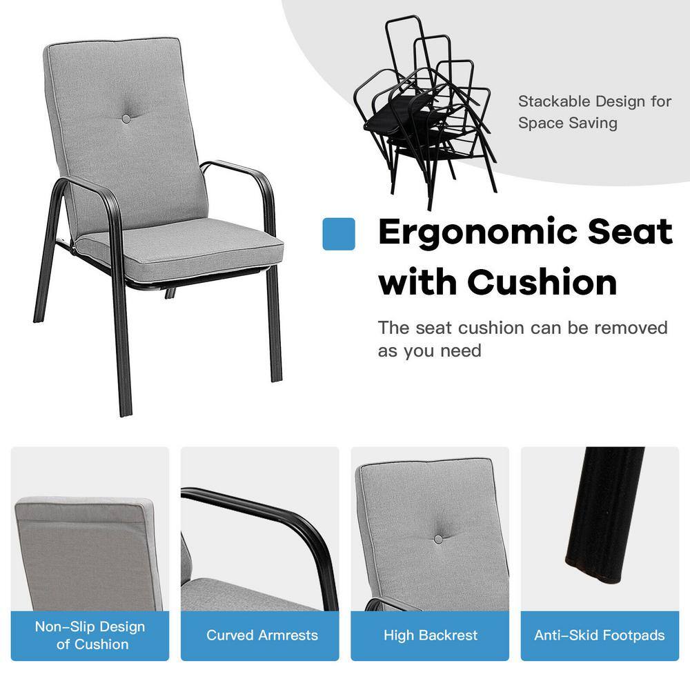 Black Steel Outdoor Dining Chairs with Grey Cushions, Set of 4