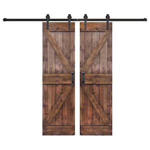 K Series 60 in. x 84 in. Dark Walnut DIY Knotty Pine Wood Double Sliding Barn Door with Hardware Kit