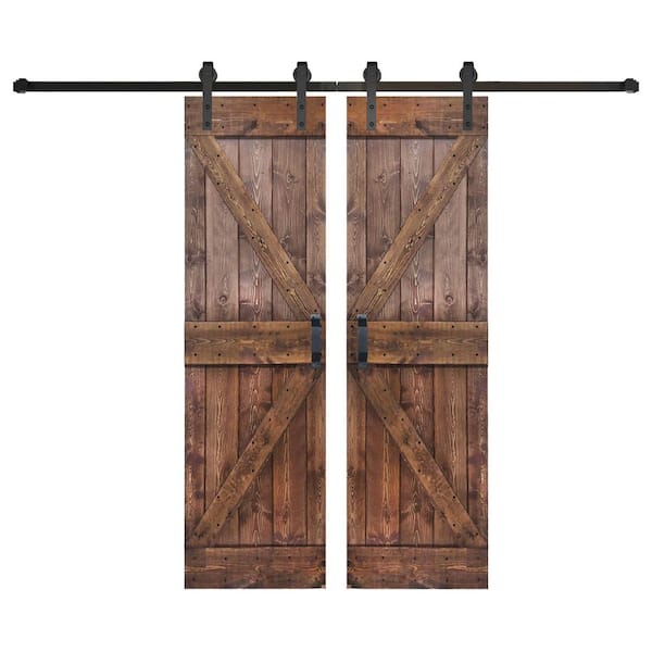 ISLIFE K Series 60 in. x 84 in. Dark Walnut Finished DIY Solid Wood Double Sliding Barn Door with Hardware Kit