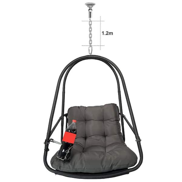 Avex 29 in. 1-Person Black Wicker Metal Patio Swing Outdoor Egg Hanging Chair with Gray Cushions