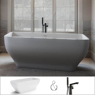 Oxford 67 in. Acrylic Rectangle Flatbottom Stand-Alone Freestanding Bathtub Combo - Tub in White, Faucet in Matte Black