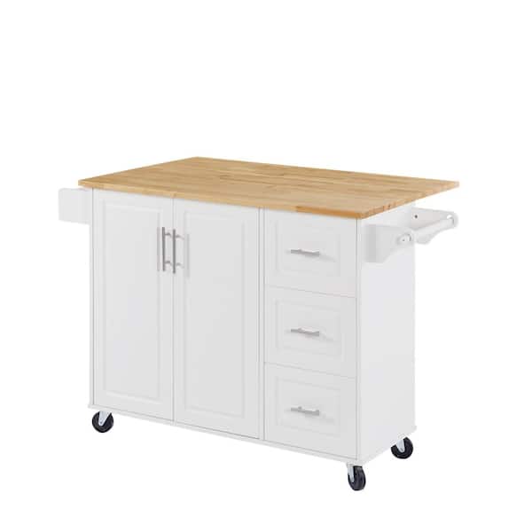 Tileon White Wood 53.8 in. Kitchen Island with Drop Leaf Countertop, 3 Storage Drawers, Towel Rack and Spice Rack